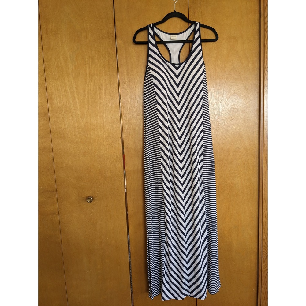 Soma Womens XL Navy Blue White Striped Chevron Racerback Maxi Dress w Shelf Bra